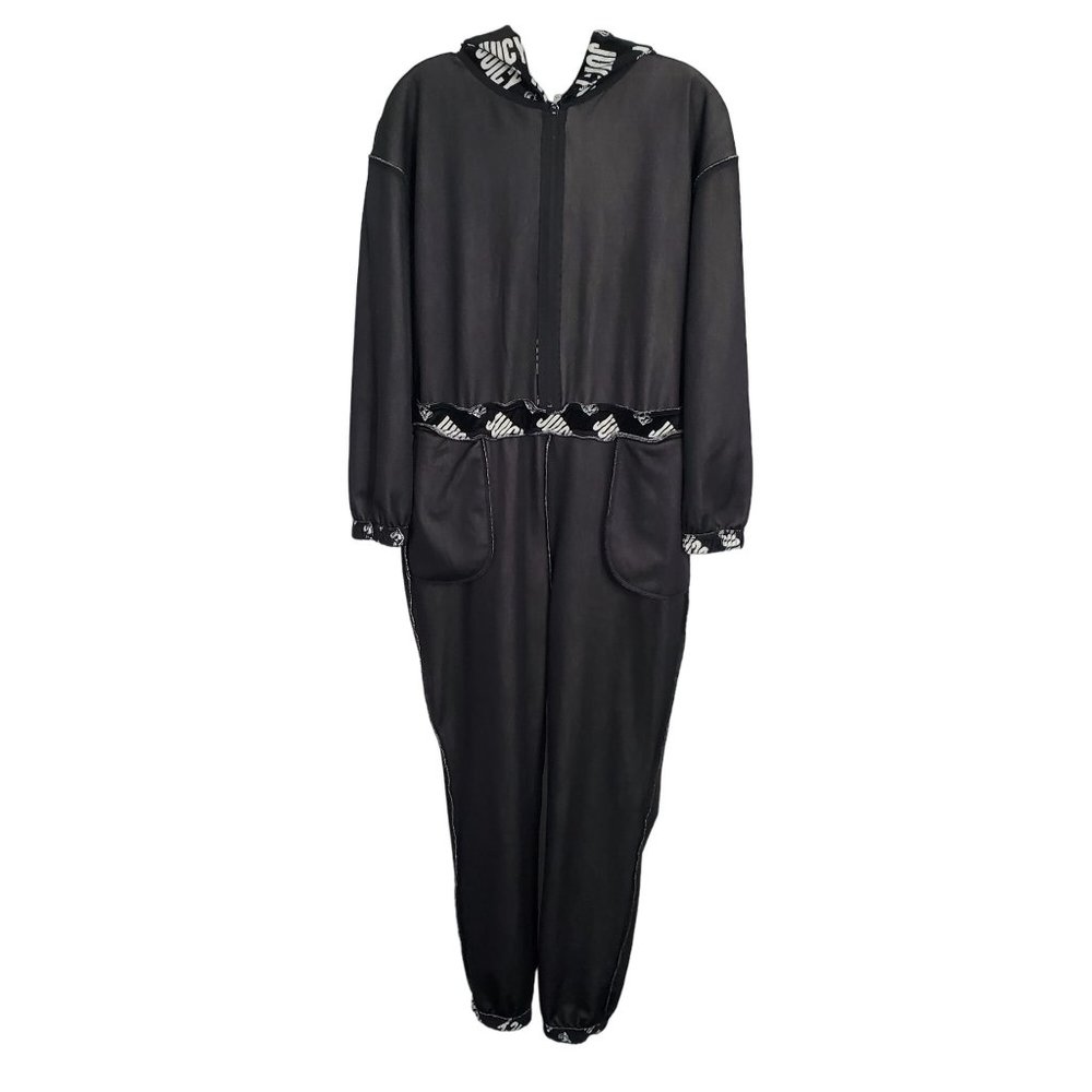Juicy Couture Size L Jumpsuit Hoodie Velour Jogger Zip Up Pockets Logo Print Y2K - Picture 3 of 15